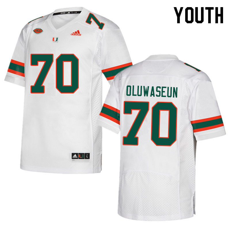 Youth #70 Justice Oluwaseun Miami Hurricanes College Football Jerseys Sale-White - Click Image to Close